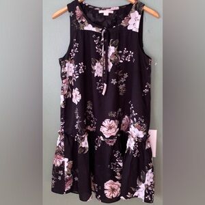 C & E black floral sleeveless ruffled hem string casual flowy dress, size M